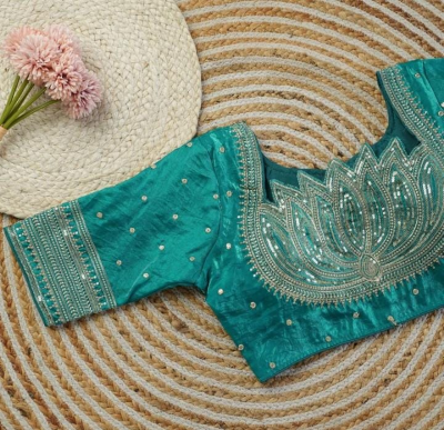 Elegant Teal Green Embroidered Designer Blouse - Image 2