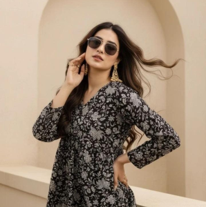 Black base with white floral print Kurti