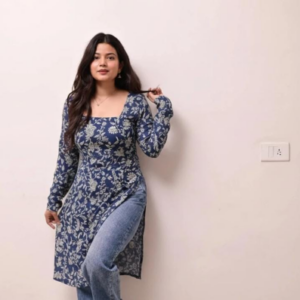 Blue Floral Printed Long Kurti