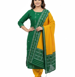 Green Solid Kurta Set with Mustard Dupatta