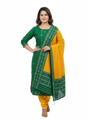 Green Solid Kurta Set with Mustard Dupatta