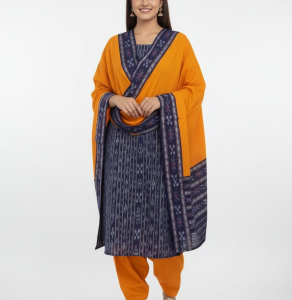 Indigo Printed Kurta Set with Mustard Dupatta