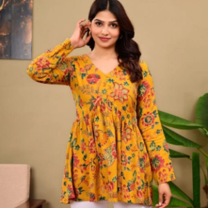 Mustard Yellow Floral Printed Flared kurti