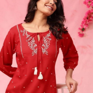 Rich red colour with elegant white embroidery Kurti