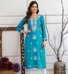 Teal Embroidered Straight Kurti