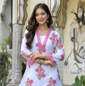 White & Pink Floral Printed Kurti
