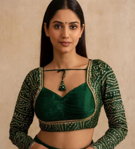 Bottle Green Velvet Embellished Blouse with Tie-Up Neck
