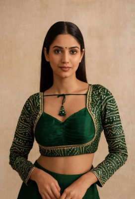 Bottle Green Velvet Embellished Blouse with Tie-Up Neck