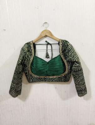 Bottle Green Velvet Embellished Blouse with Tie-Up Neck - Image 2