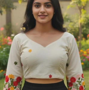 Cream Embroidered Cotton Blouse with Floral Sleeves