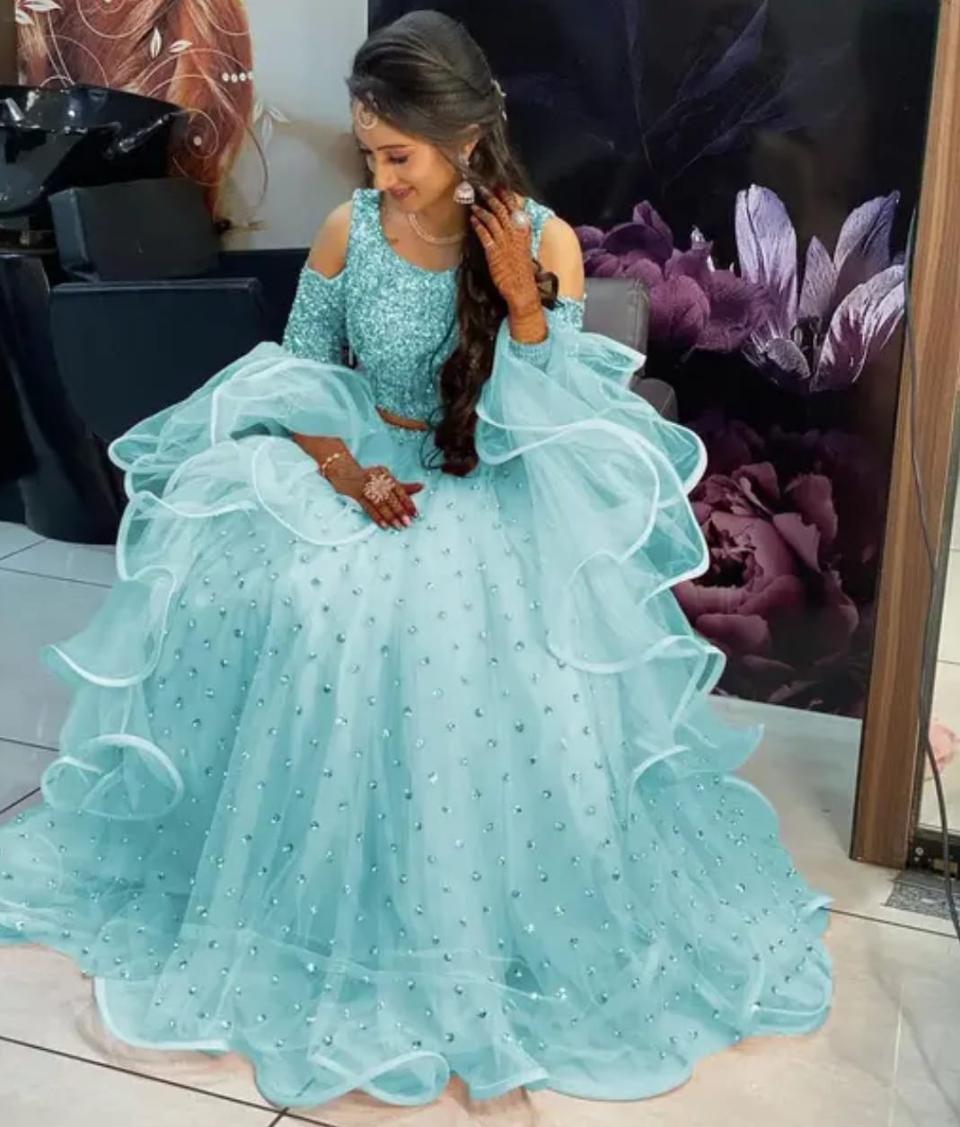 light blue net velvet lehenga choli - Image 3