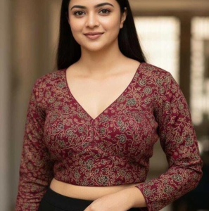 Maroon Printed Cotton Blouse with V-Neck