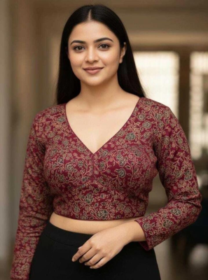 Maroon Printed Cotton Blouse with V-Neck