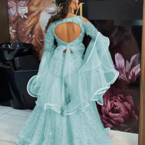 light blue net velvet lehenga choli