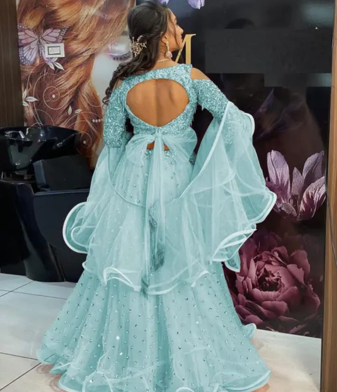 light blue net velvet lehenga choli