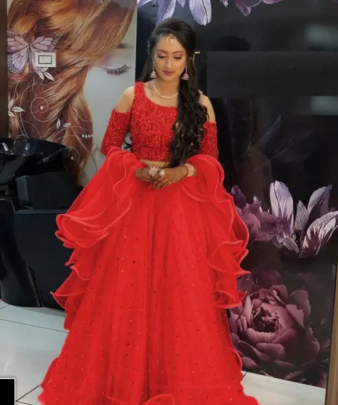 Red net velvet lehenga choli