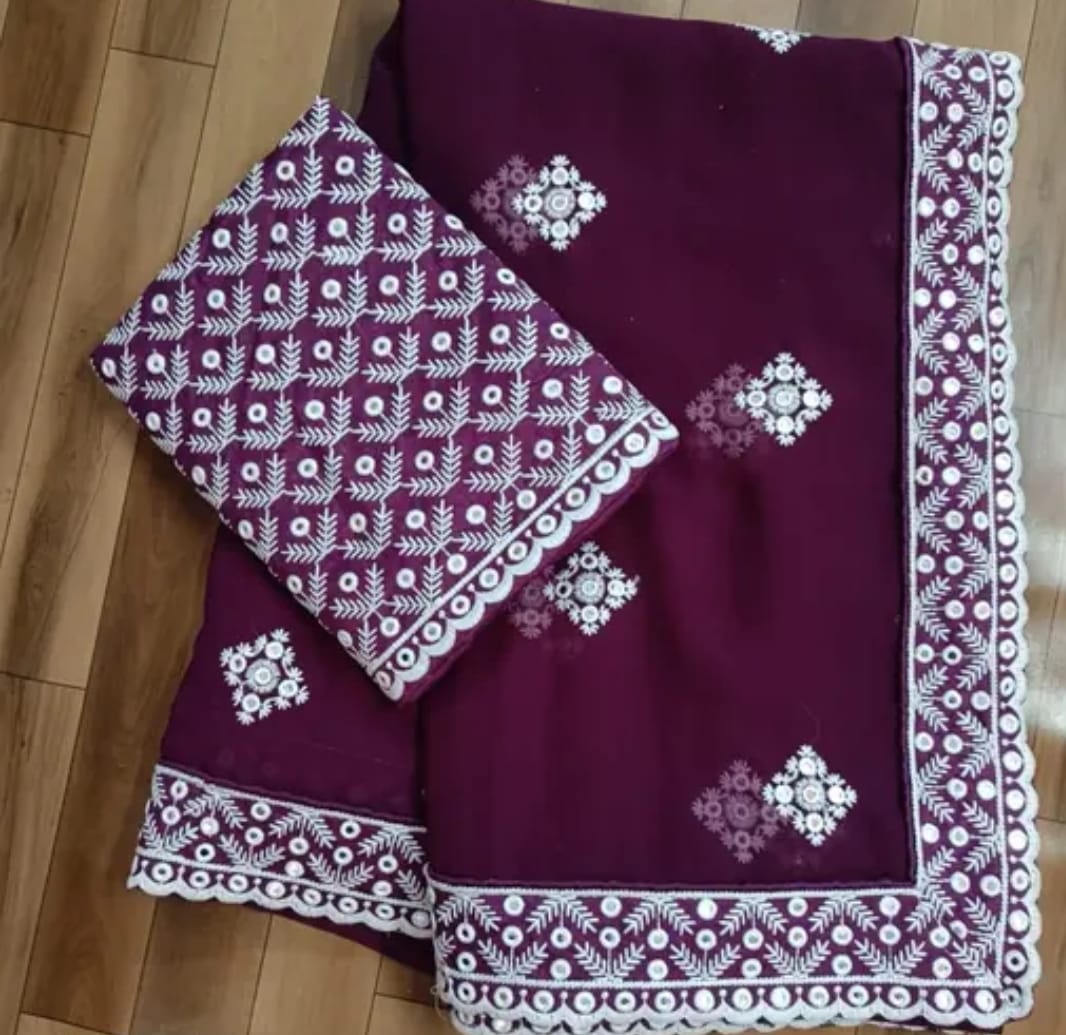 Georgette Embroidered Elegant Purple Color Saree