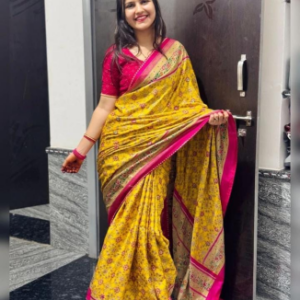 Elegant Mustard Yellow Printed Saree with Pink Border