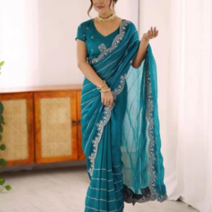 Elegant Teal Blue Embroidered Saree