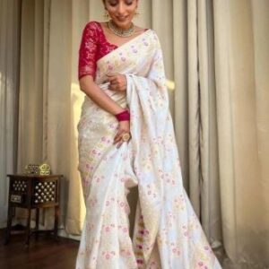 Graceful White Silk Saree with Floral Motifs
