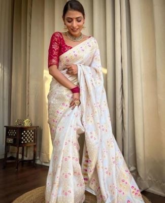 Graceful White Silk Saree with Floral Motifs
