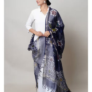 Navy Pure Kota Hand Block Wax Batik Printed Zari Piping Kota Cotton Dupatta