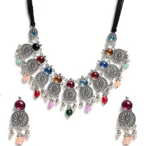 YouBella Jewellery Oxidised Silver Necklace Jewellery Set with Earrings for Girls and Women