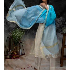 Blue Handwoven Cotton Chaderi Shaded Dupatta with Zari Trims