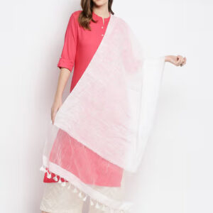 Womens White Linen Dupatta with Organza Border and Tassels