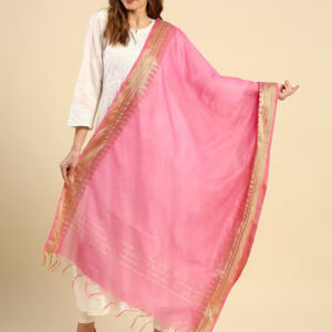 Womens Pink Silk with Gold Temple Border Dupatta