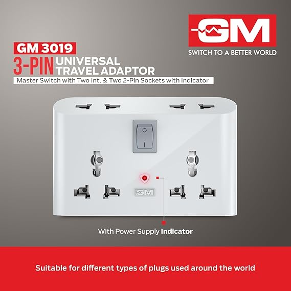 GM 3 Pin 6 AMP Universal Multiplug Travel Adapter with 4 Charging Point - Image 3