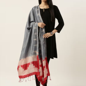 Grey Red Shibori Silk Dupatta