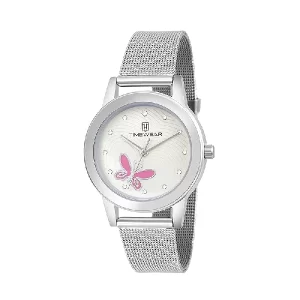Analog Pink Butterfly Silver Dial Stainless Steel Strap Watch for Women