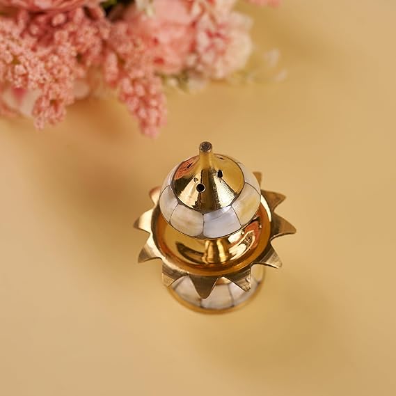 House of Wemy Brass Mother of Pearl Small Flower Shape Incense Burner Holder - Image 4