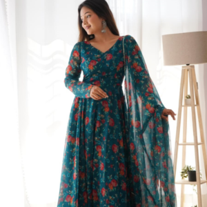 Blue Floral Printed Anarkali Suit