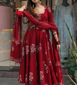 Elegant Wine Red Printed Anarkali Suit Set