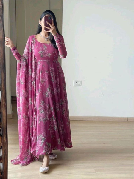 Floral Printed Anarkali Kurta with Dupatta