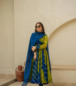 Green & Blue Printed Anarkali Suit Set