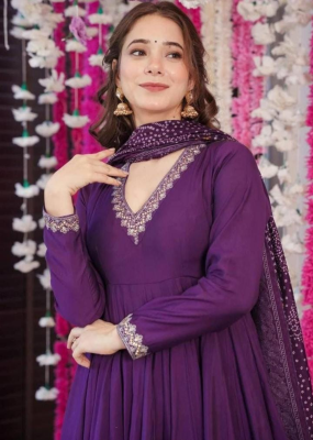 Royal Purple Anarkali Suit with Printed Dupatta - Image 2