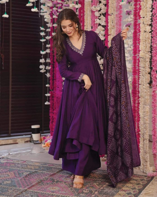 Royal Purple Anarkali Suit with Printed Dupatta - Image 3
