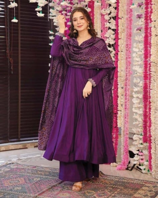 Royal Purple Anarkali Suit with Printed Dupatta - Image 4
