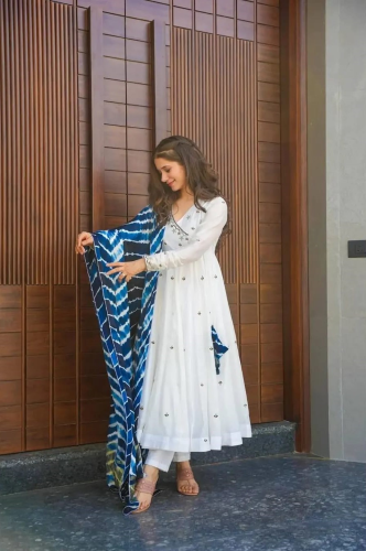 White Embroidered Designer Gown with Blue Tie-Dye Dupatta - Image 4