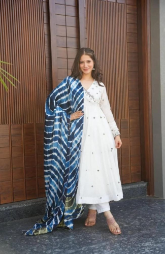 White Embroidered Designer Gown with Blue Tie-Dye Dupatta - Image 3