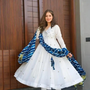 White Embroidered Designer Gown with Blue Tie-Dye Dupatta