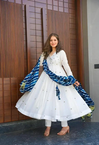 White Embroidered Designer Gown with Blue Tie-Dye Dupatta
