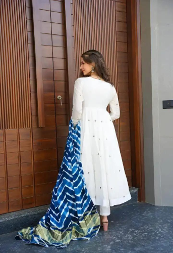 White Embroidered Designer Gown with Blue Tie-Dye Dupatta - Image 5