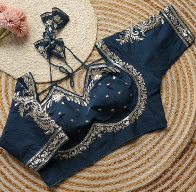 Navy Blue Embroidered Designer Blouse