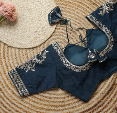 Navy Blue Embroidered Designer Blouse - Image 2