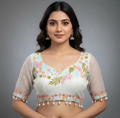 Off White Floral Embroidered Designer Blouse