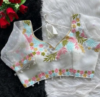 Off White Floral Embroidered Designer Blouse - Image 3